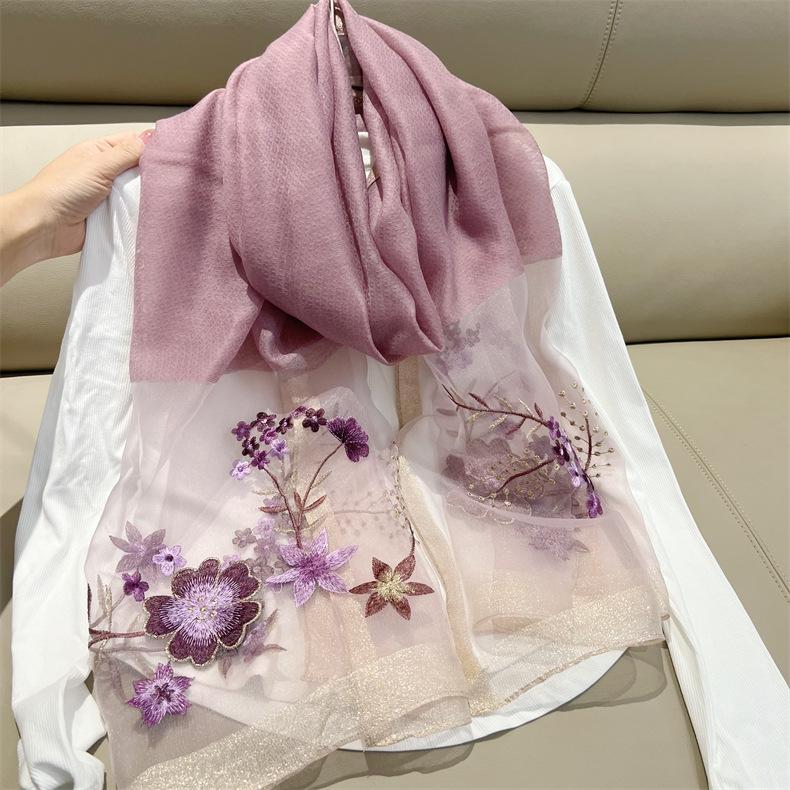 

Autumn And Winter Embroidered Imitation Silk Embroidered Silk Scarf For Women Phoenix Feather Floral Scarf Ethnic Style Shawl