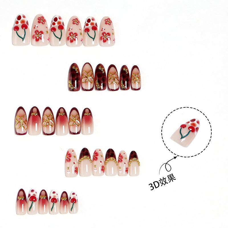 European Trend Almond-Shaped Wearable Nails: 3D Floral & Leopard Print with Gold Plating