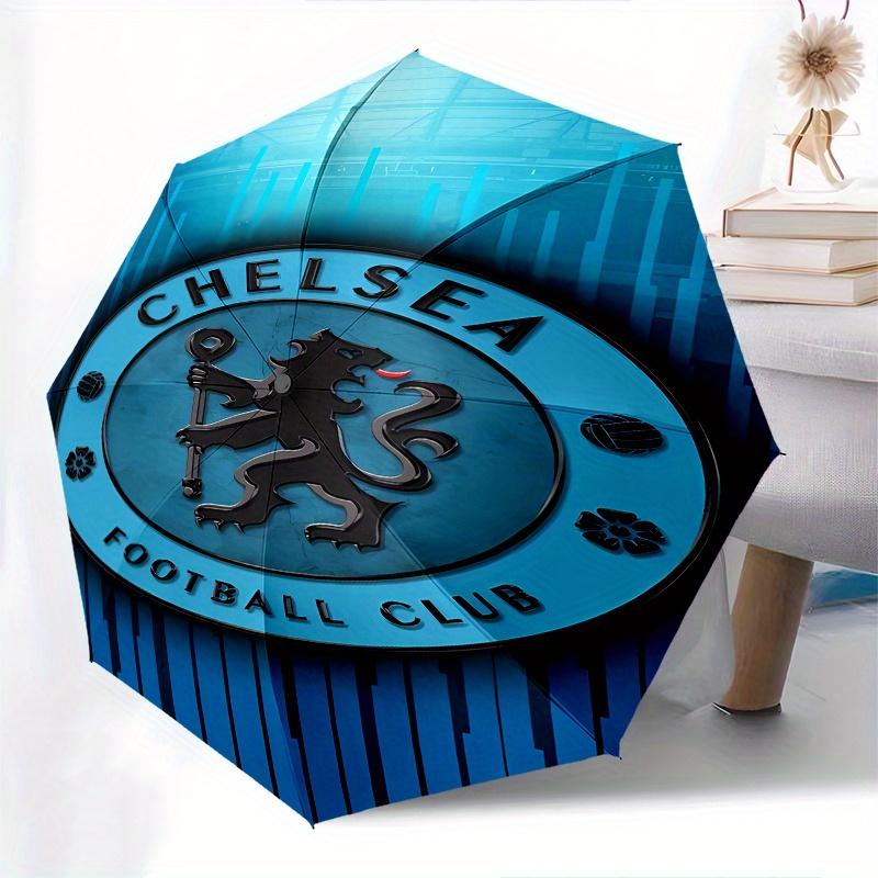 Chelsea Football Club Crest Automatic Folding Umbrella 8 Ribs, Durable Iron Frame, Bright Color Pattern Compact Travel Umbrella, Suitable f