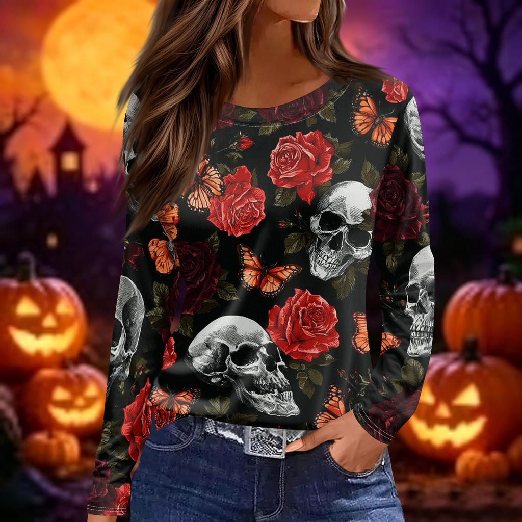 Women's Print Long Sleeve Neck Top with Side Slit Casual Blouse