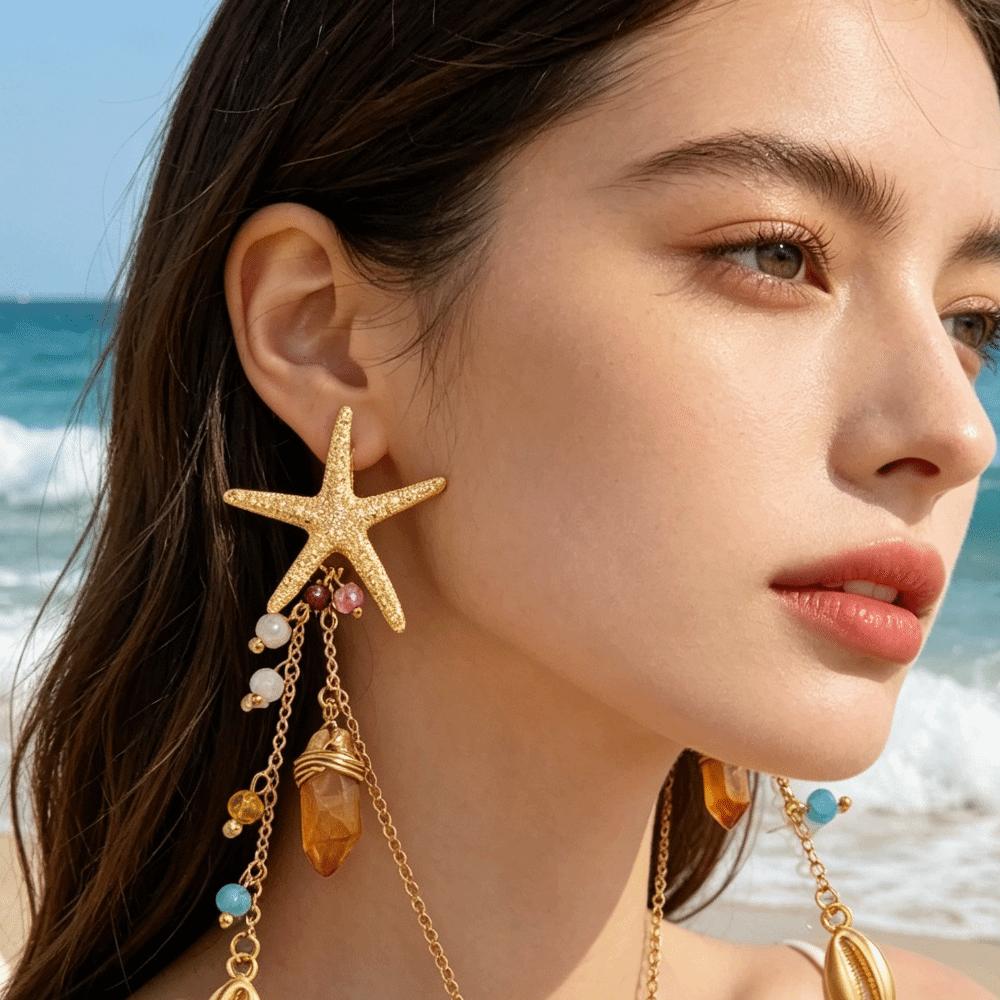 Elegant Conch Fashion Jewelry Long Tassel Sea Series Necklace Starfish Shell Earrings  Daily Wear