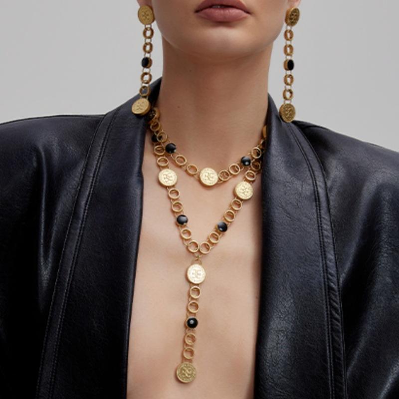 European and American Retro Gold Coin Earrings, Personalized Long Tassel Exaggerated Long Temperament Earrings Necklace Women's Sweater Chain