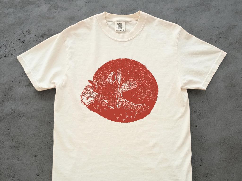 Sleeping Fox Linocut Shirt – Rustic Woodland Graphic Tee