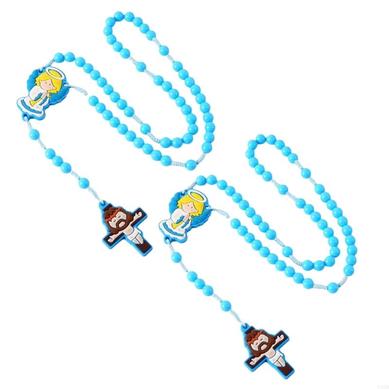 62KD 2Pieces Catholic Children Rosary Necklace Set with Crosses Pendant Acrylic Beads Neck Chain for Religious Event Gift