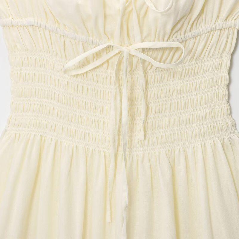 Kaslead New Women clothes Western Style Simple Temperament French style Double Layer Pure Cotton Waist Hugging Square Collar Long dress