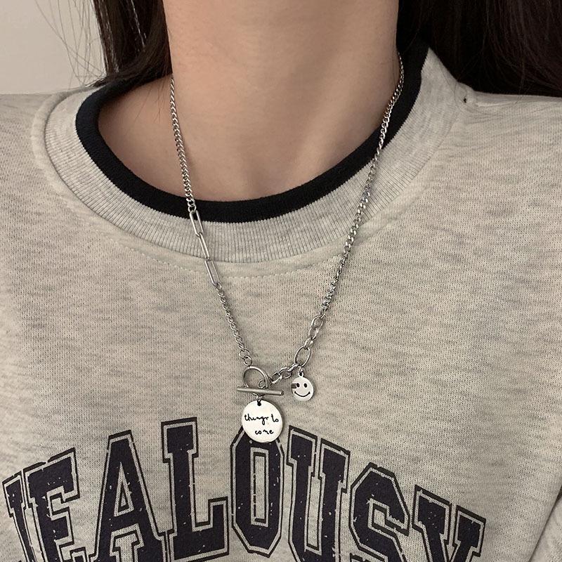 2025 Trendy Smiley Face Sweater Chain: Women's Titanium Steel Letter Necklace for Autumn/Winter