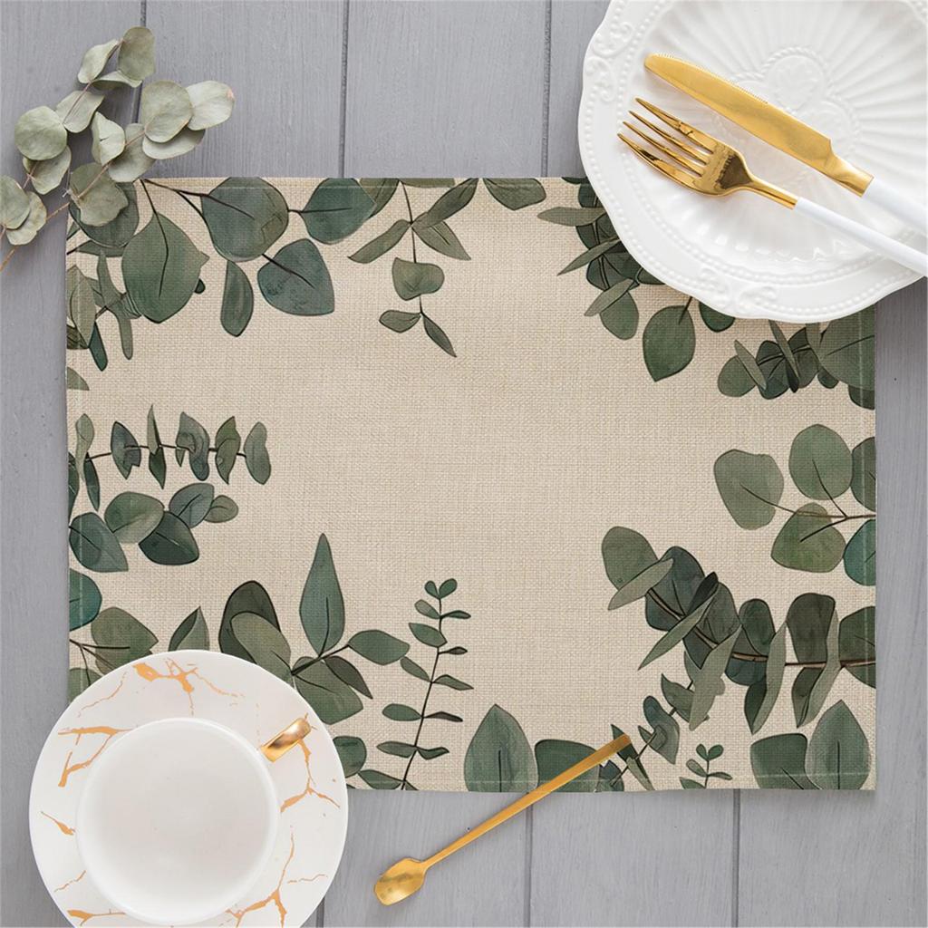 Fresh Simple Abstract Small Leaf Branch Printing Linen Placemat for Dining Table Drink Coaster Home Decoration Modern Kitchen