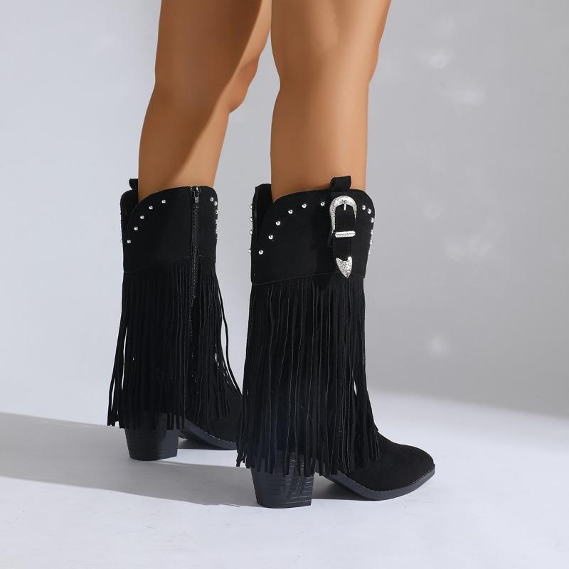 2025 New Women's Fashion Boots Pointed Toe Rough Heel Side Zipper Rivet Tassel Mid-tube Boots Retro Western Cowboy Women's Boots