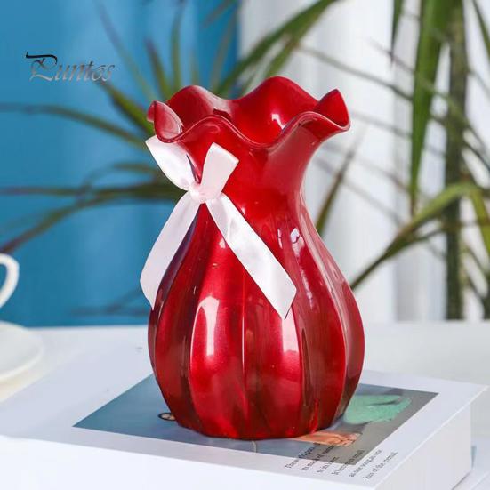 Light Plastic Vase Shatterproof Flower Vase with Ruffled Mouth Dried Flowers Holder with Bow for Bedroom Living Room Table Decor