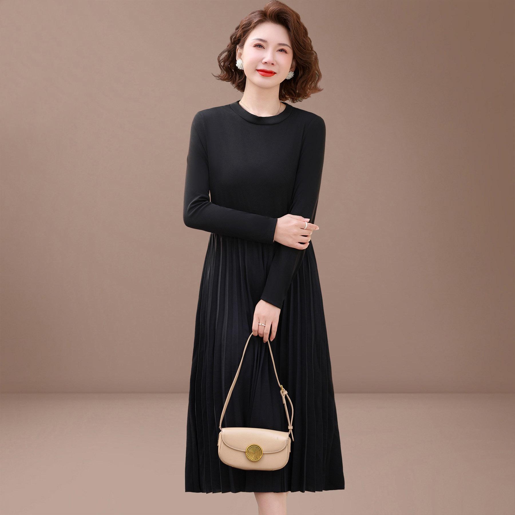 

2026 Versatile Spring Dress for Middle-Aged and Elderly Women - Mid-Length Pleated Skirt, Perfect for Spring and Autumn Fashion XL (Below 105 Jin)