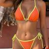 Color Block Binding Tie Side Triangle Sexy Two Piece Bikini Fashionable For Vacation