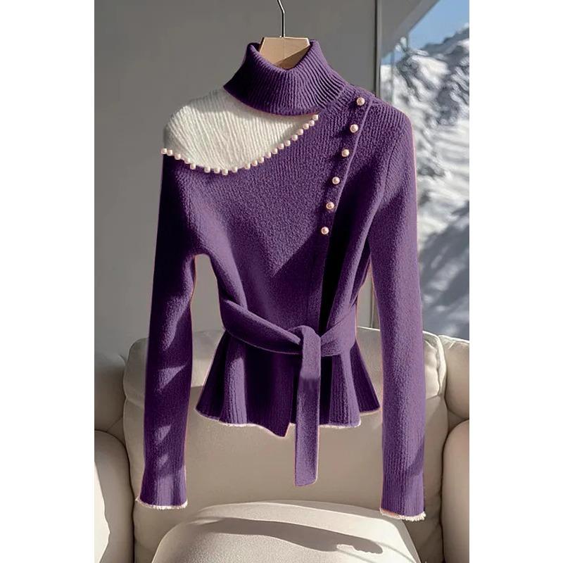 

Корейский шик Высококачественная вязаная базовая рубашка для женщин 2025 Зимний дизайн Приталенный внутренний базовый топ S фиолетовый