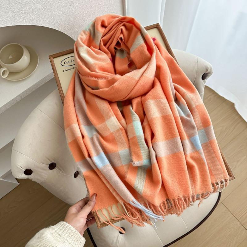 Thickened plaid scarf autumn and winter imitation cashmere women's scarf warm color matching striped tassel send girlfriend shawl