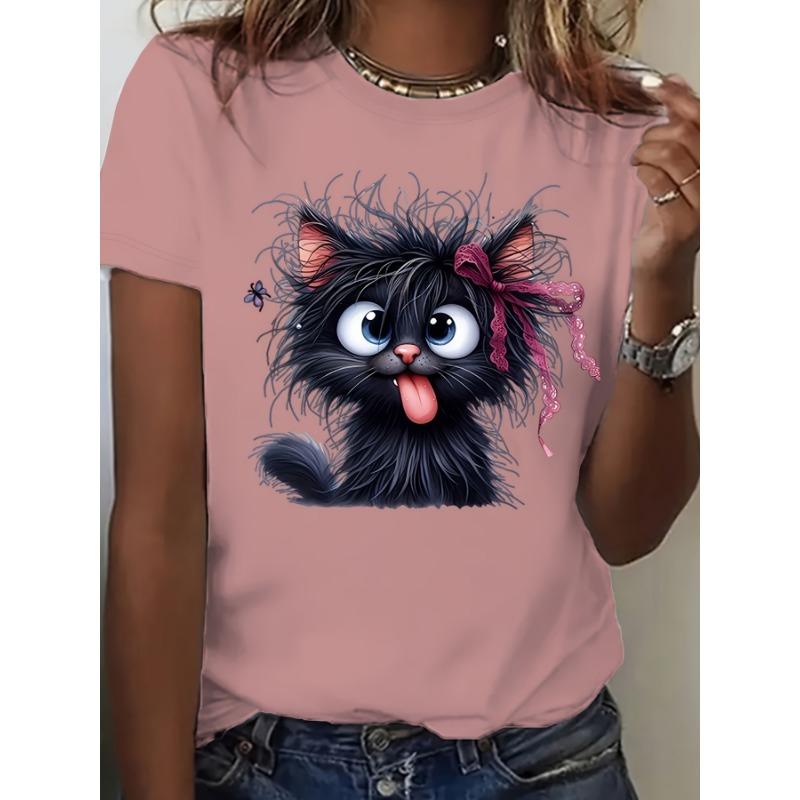 Furry black cat lady's T-shirt - Beautiful cartoon patterns, suitable for everyday casual wear