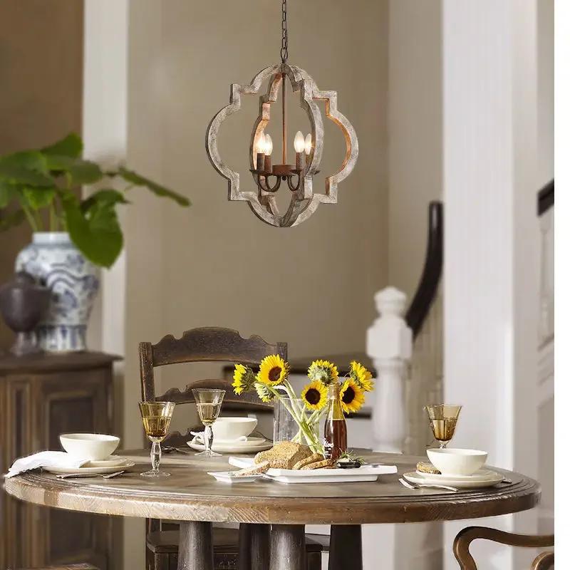Rustic Farmhouse Metal Chandelier Lighting Distressed Wood Ceiling Light Fixture Kitchen Entryway Foyer -4 Lights