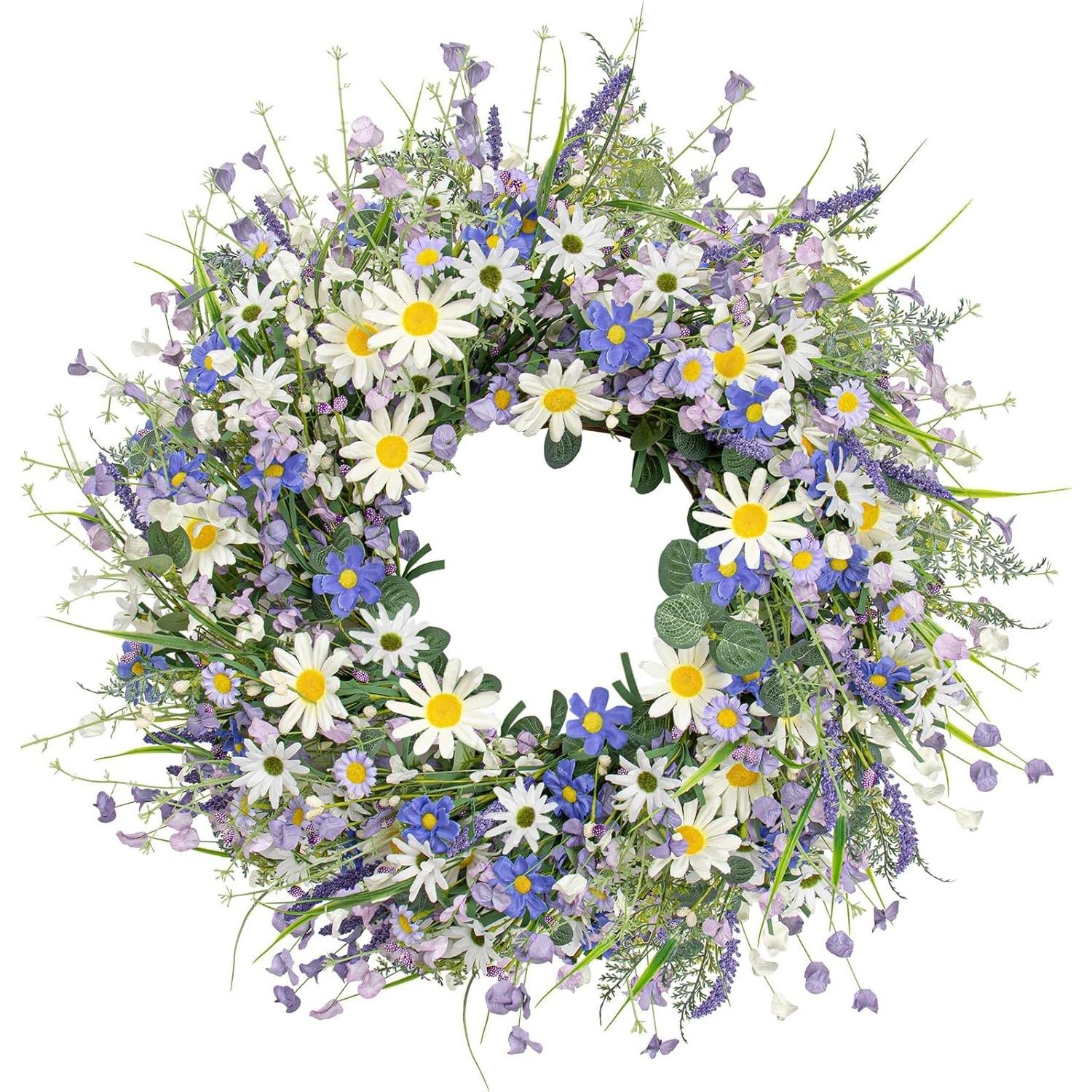 

22 Inches Spring Wreath,Artificial Spring Wreaths for Front Door Spring Flower Wreaths Summer Wreath with Daisy Lanvender for Spring Summder Decor 22 inches