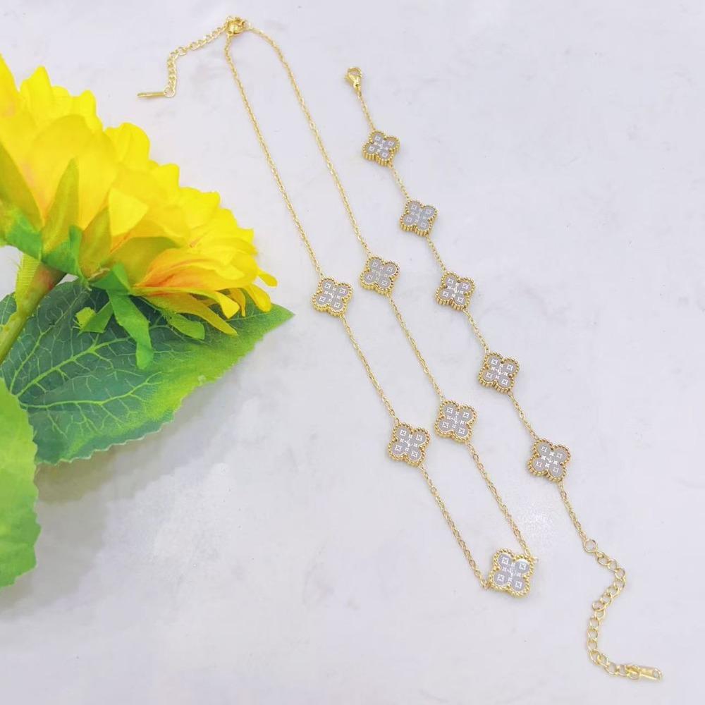 2 Piece Titanium Steel 13mm 5 Flower Clover Necklace Bracelet Set Women's Collarbone Chain Jewelry Set