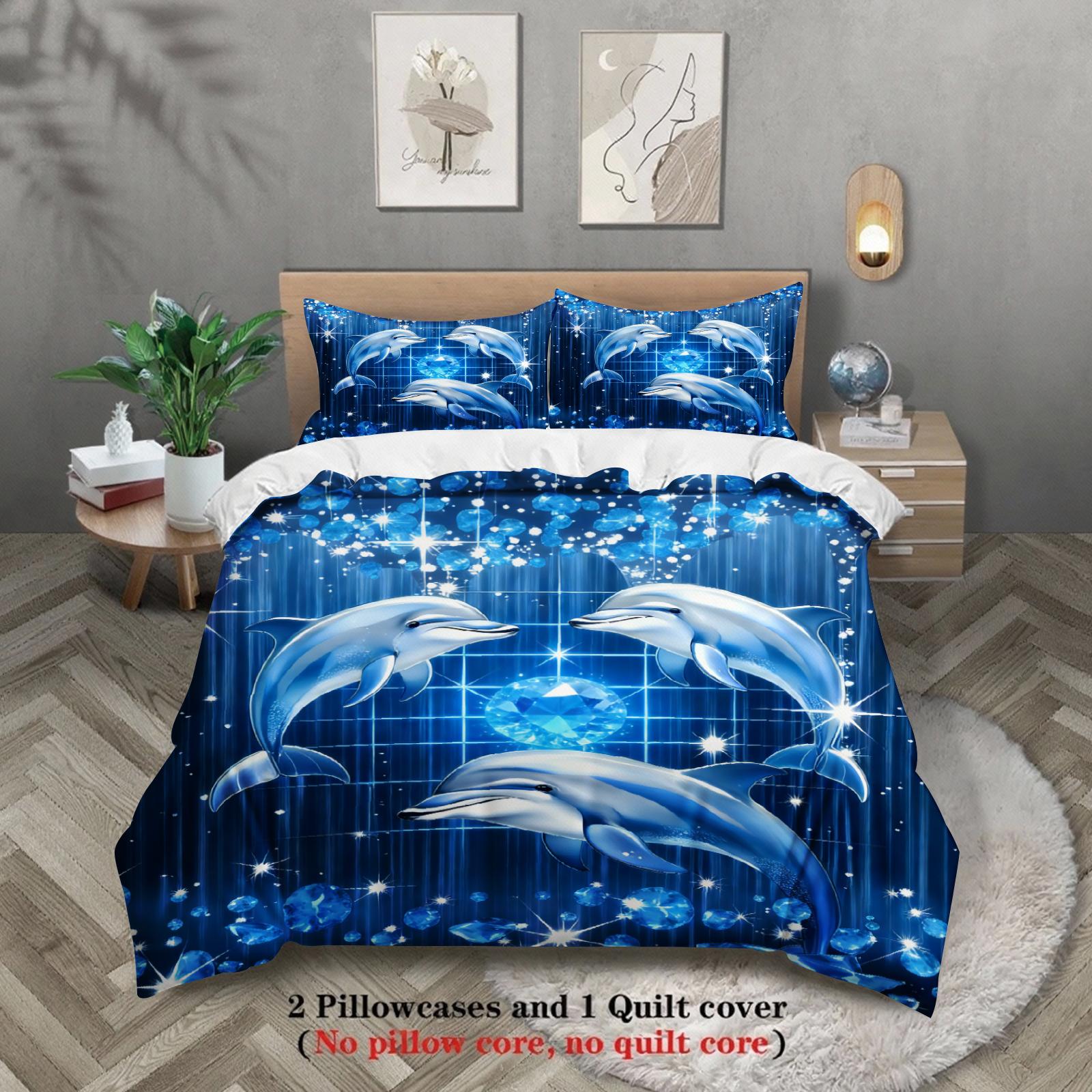 

Dolphin Print Bedding Set Blue Ocean Dolphin Pattern Bedding With Duvet Cover & Pillowcases For Bedroom EU Twin(135x200cm)