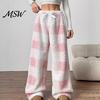 Loose Fit Casual Pants Women Plaid Wide Leg Pants, Drawstring High Waist Thick Coral Fleece Breathable Thermal Lounge Trousers Warm Loungewear,