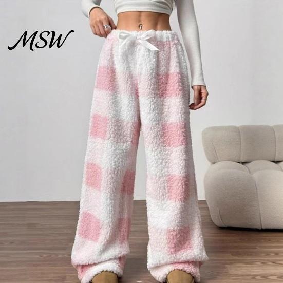 Loose Fit Casual Pants Women Plaid Wide Leg Pants, Drawstring High Waist Thick Coral Fleece Breathable Thermal Lounge Trousers Warm Loungewear,