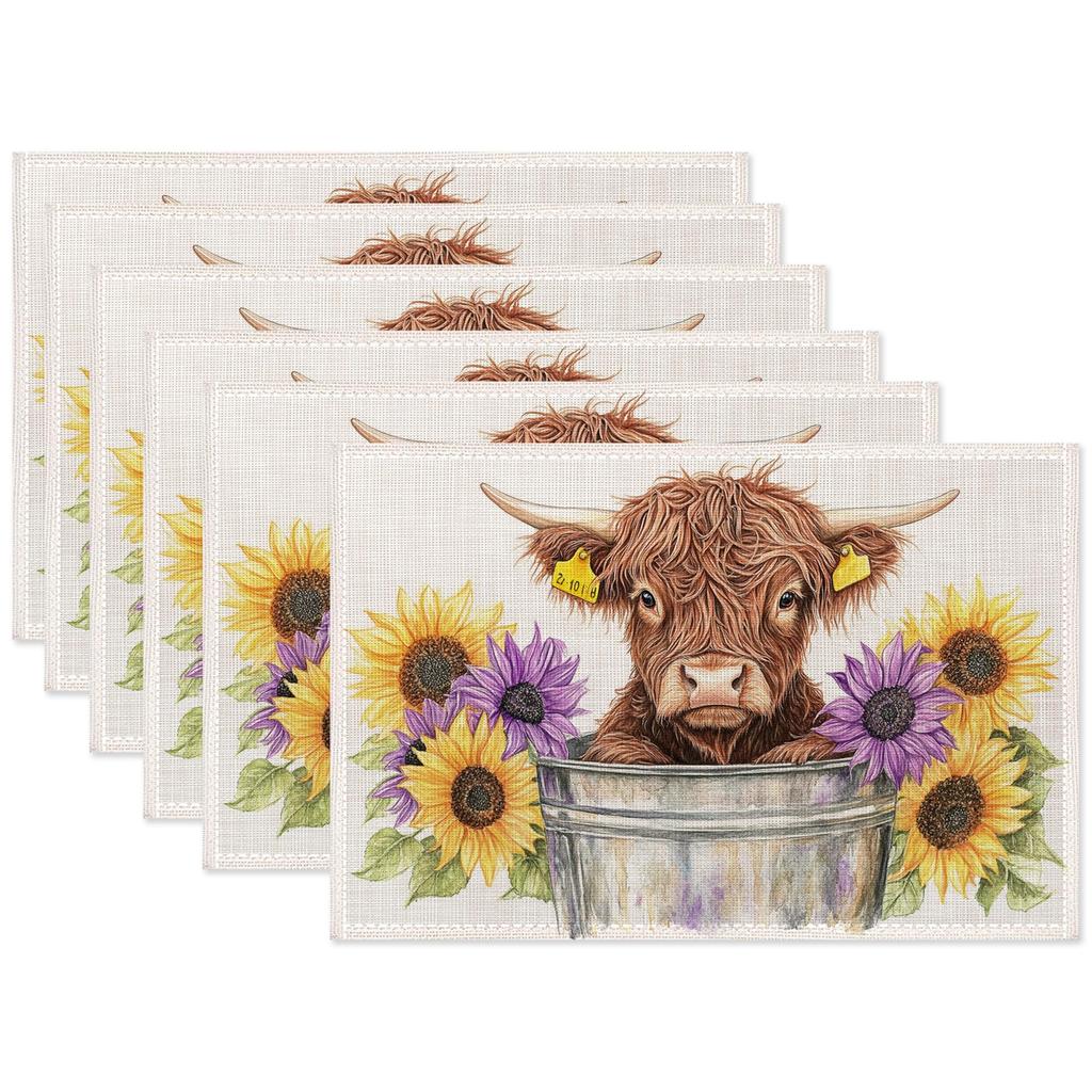 Retro Daisy Flower Placemats Set of 6,Dinner Table Mats Non-Slip Washable Mats for Kitchen Dinner Party Tablemat 12x18Inch