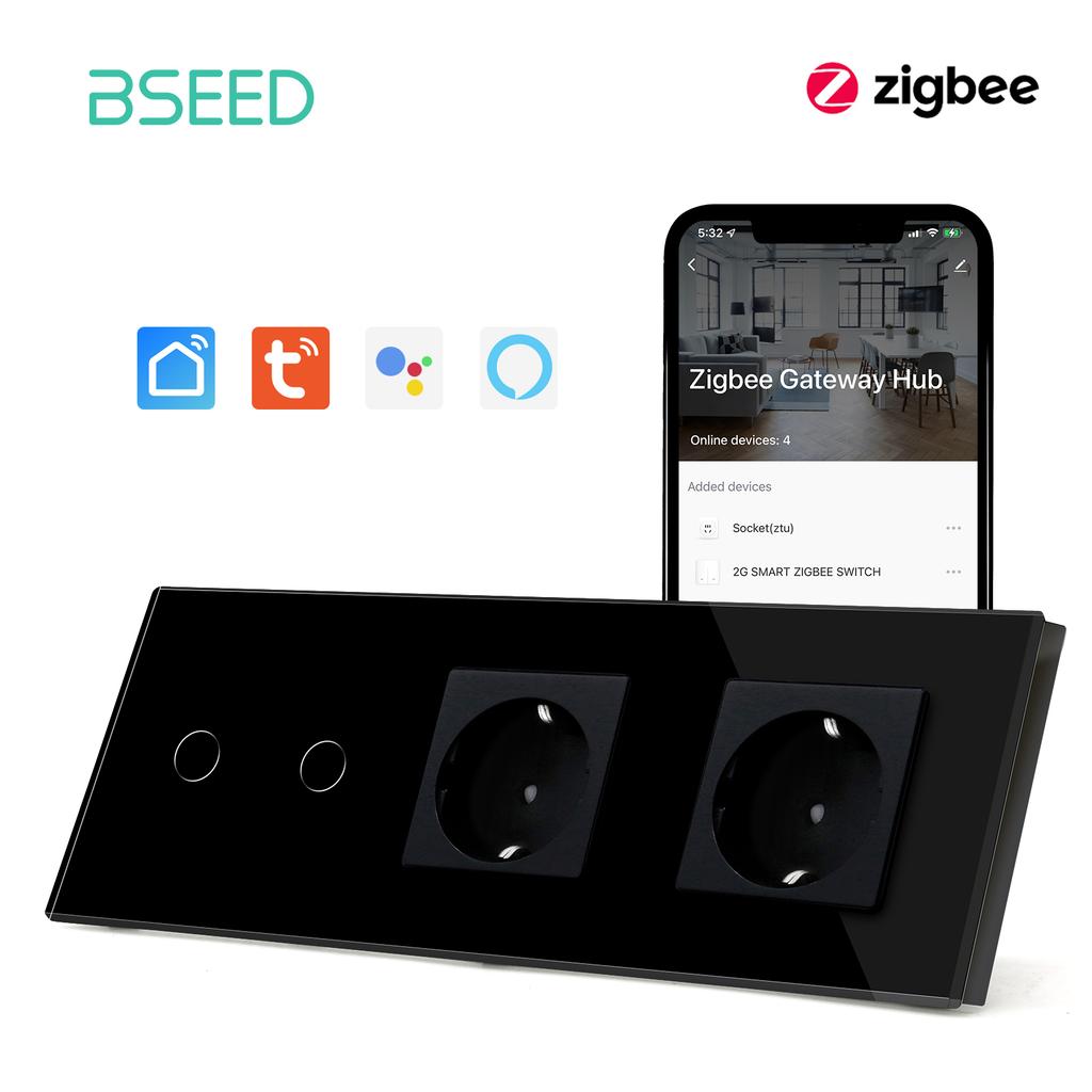 BSEED Zigbee 1/2/3Gang Wall Touch Switches With Normal EU Socket USB Type-C Ports Tuya Smart Life App Ccontrol Glass Panel