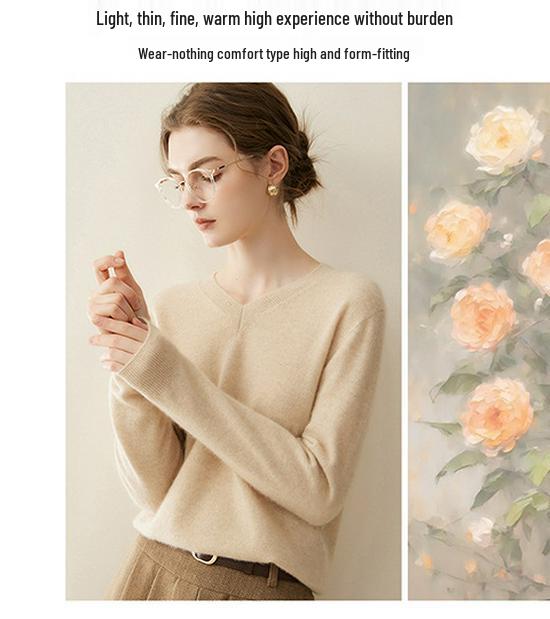 Women's First-Line Ready-to-Wear Slim-Fit Cashmere V-Neck Sweater, 2026 Autumn/Winter Collection, Seamless Wool Knit Pullover Base Layer.