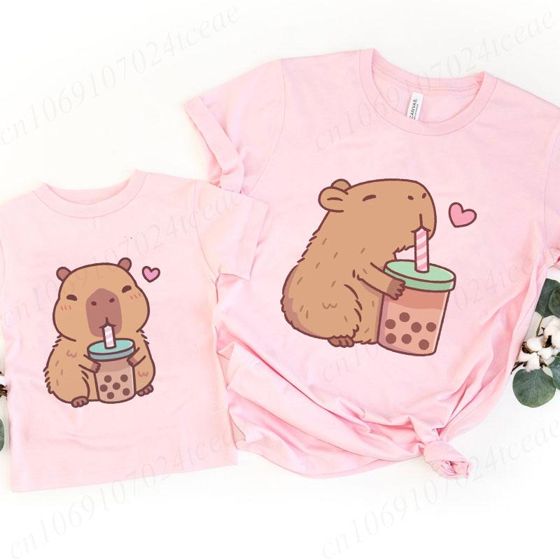 Cute Capybara Loves Bubble Tea Print Women Kids T-Shirt Summer Children's Short-sleeved Casual Pink Tops Adults Boys Girls Gifts