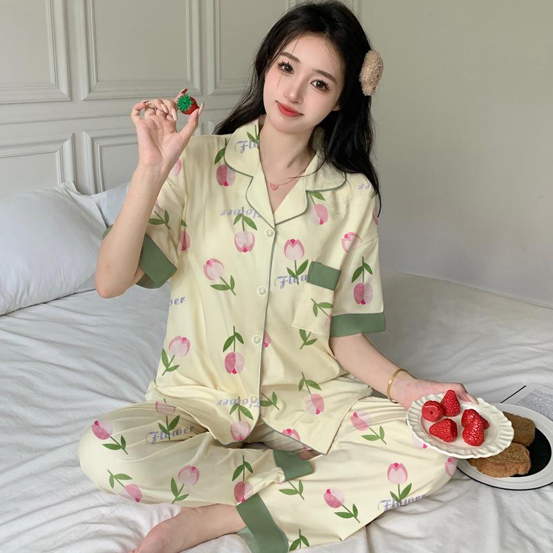 Tulip Color Matching Pajamas Women's Summer Short-sleeved Trousers Medium Mother Thin Cardigan Large Size Loungewear