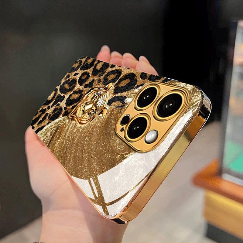 Löwe Leopard Muster Gold Metallic Lack Glas Handyhülle Für iPhone 17 Pro Max 16 15 14 13 12 11 Pro 15 14 Plus 17 Air 16E Hülle