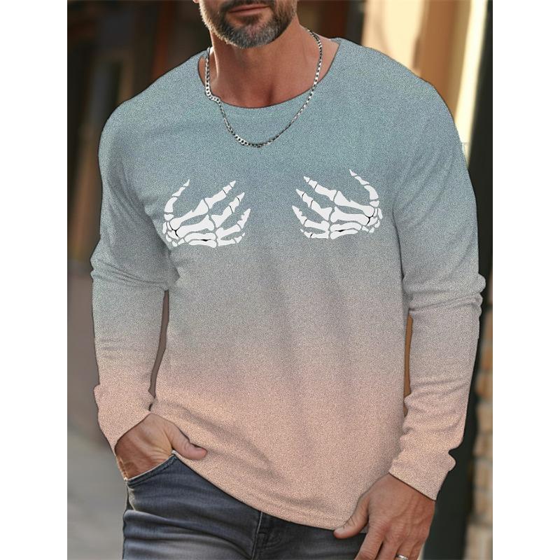 Skull Hand Printed Pullover Autumn and Winter Men's Casual Long Sleeve Round Neck Sweatshirt Gradient Color Men's Clothing