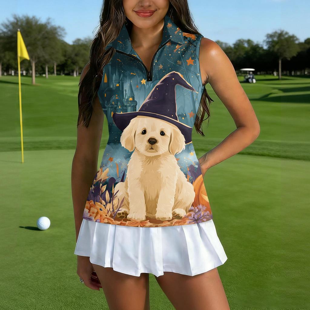 Women's Sleeveless Golf Shirt with Zipper Collar Halloween Print Sports Vest for Casual Wear