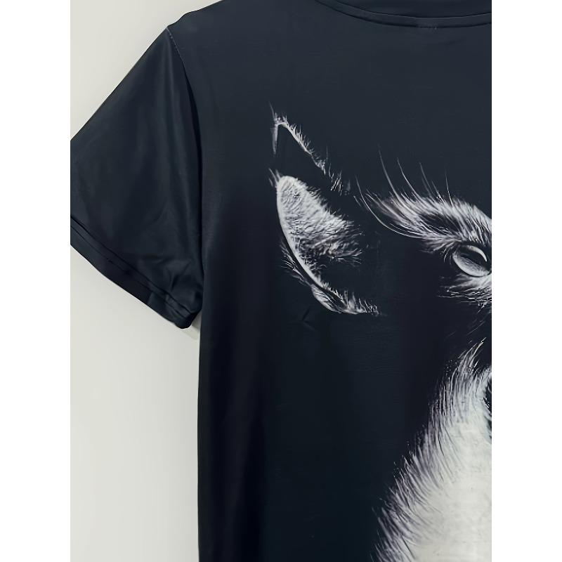 Women Cute Kitten Print T-Shirt Round Neck Short Sleeve Spring Summer Casual Regular Fit Machine-Washable Essential Top