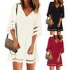 Women's V Neck Mesh Panel Blouse 3/4 Bell Sleeve Loose Top Shirt Dress