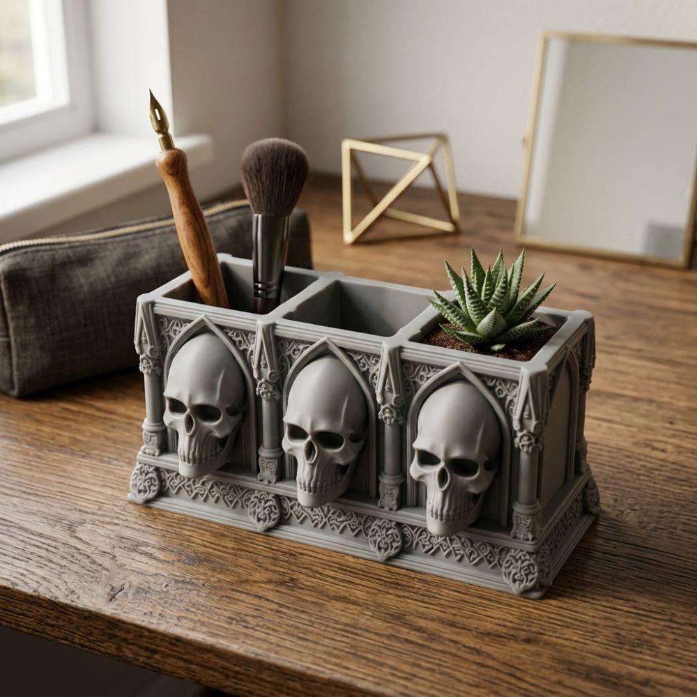 Spooky Skull Makeup Brush Box 3-Slot Small Skull Storage Rack Office Decor