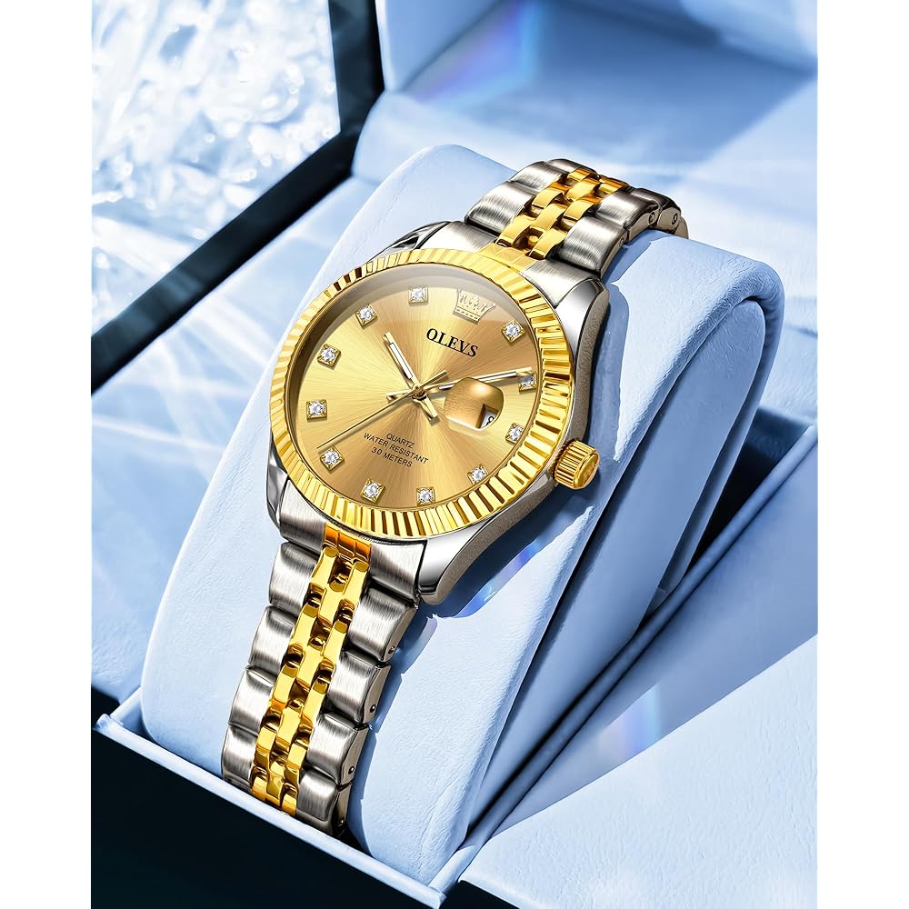 OLEVS Women's Fashion Dress Watch Analog Quartz Waterproof Stainless Steel Two-Tone with Diamond Gold Dial