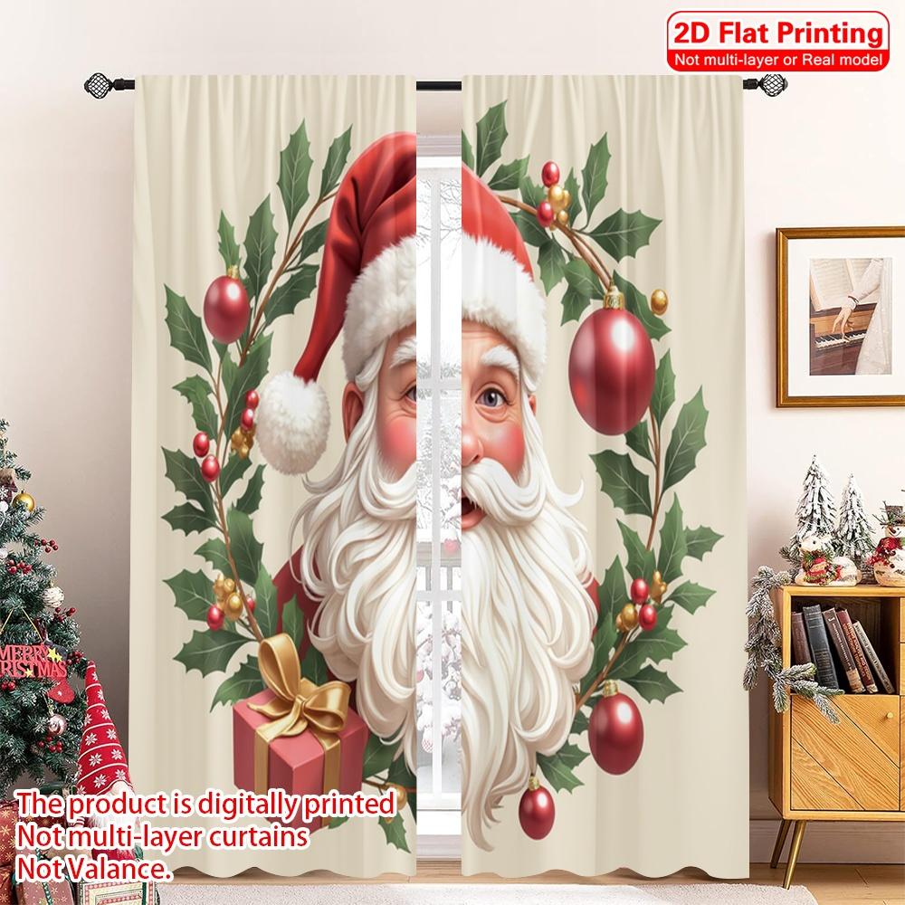 2pcs 2D Flat Printing Christmas Drapes Christmas Santa Claus Holly Ornaments 100% Polyester Fabric Without Electricity Party