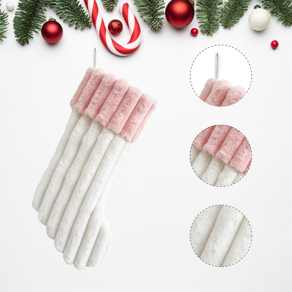 Plush Christmas Stocking Soft Faux Fur Vertical Channel Design Hanging Loop Holiday Decoration for Home Fireplace Mantel