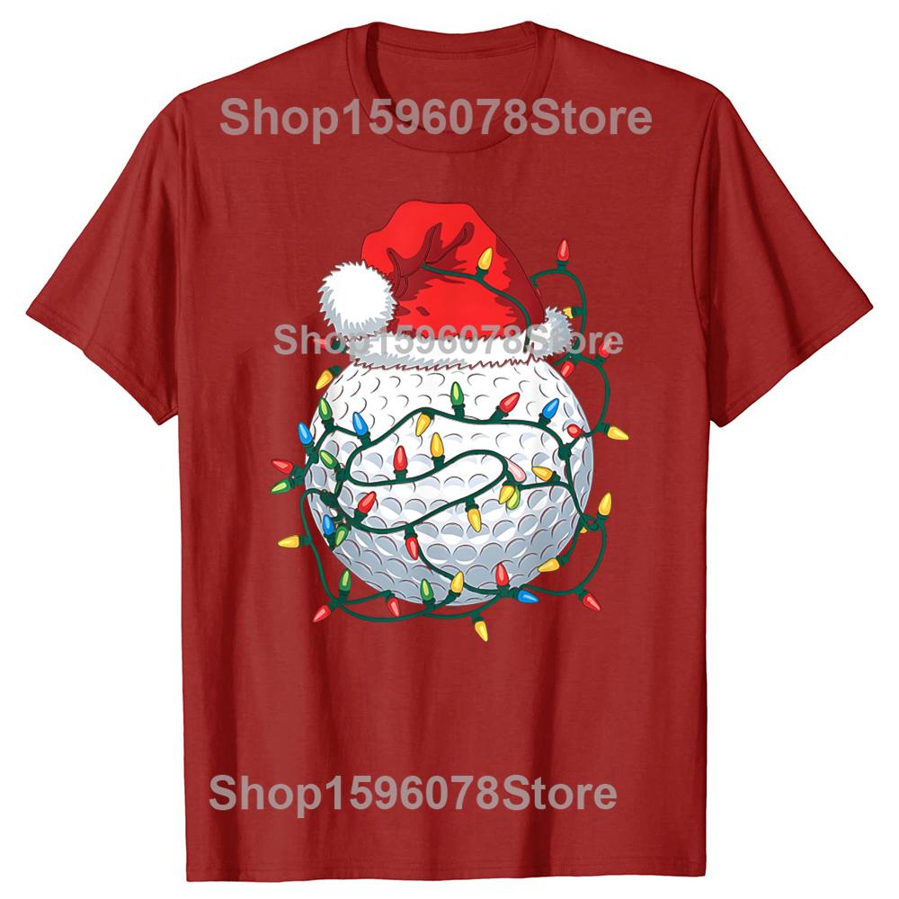 

Golf Ball Santa Hat Christmas Golfing Xmas Lights T Shirts Cotton Humor Streetwear Short Sleeve Unisex Loose Crewneck Clothing S