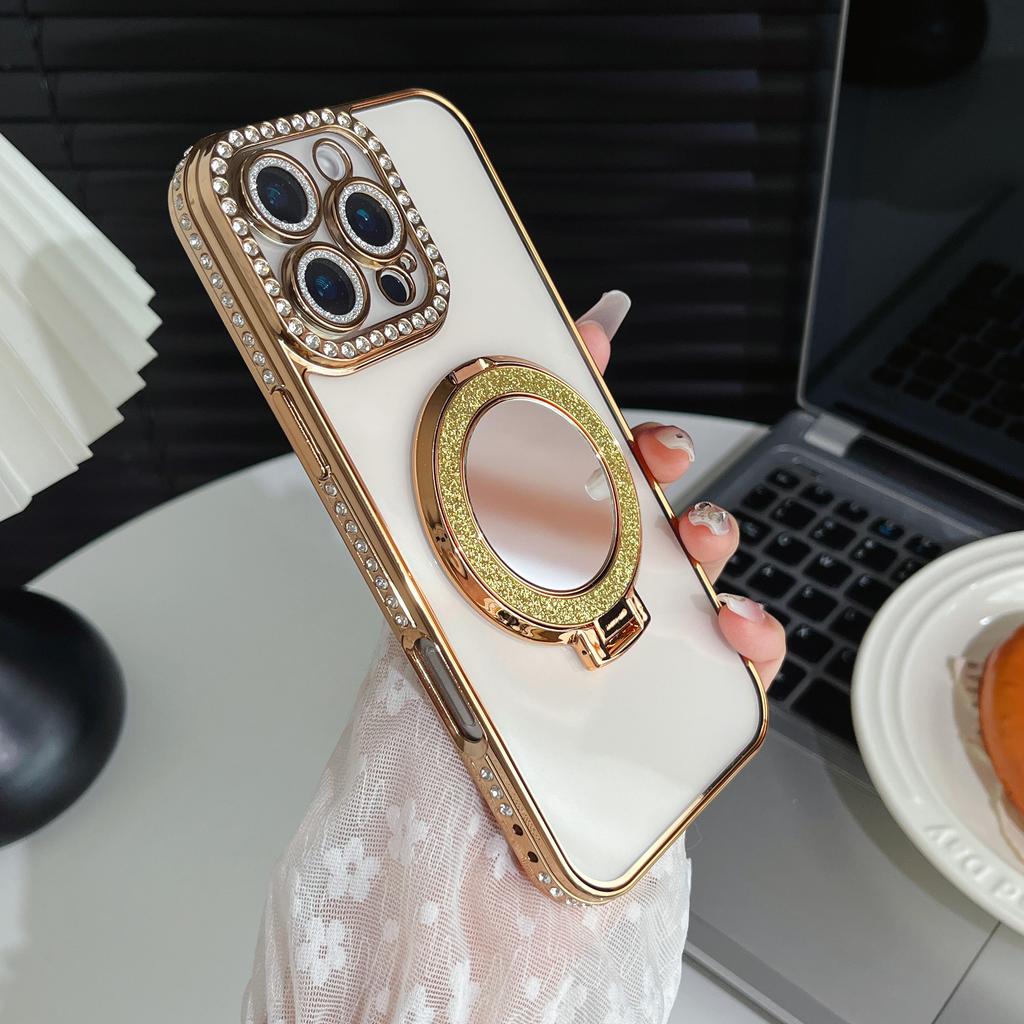 Girls Cute Glitter Diamond Makeup Mirror Camera Lens Protector Bumper Phone Case With Stand For iPhone 17 16 Pro Max Samsung S25 S24 Protective Cover