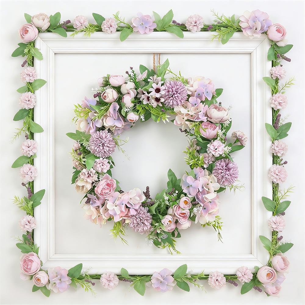 Pink-Purple Artificial Flower Wreath with Light Pink Hydrangea and Rose for Spring Door or Courtyard Decoration