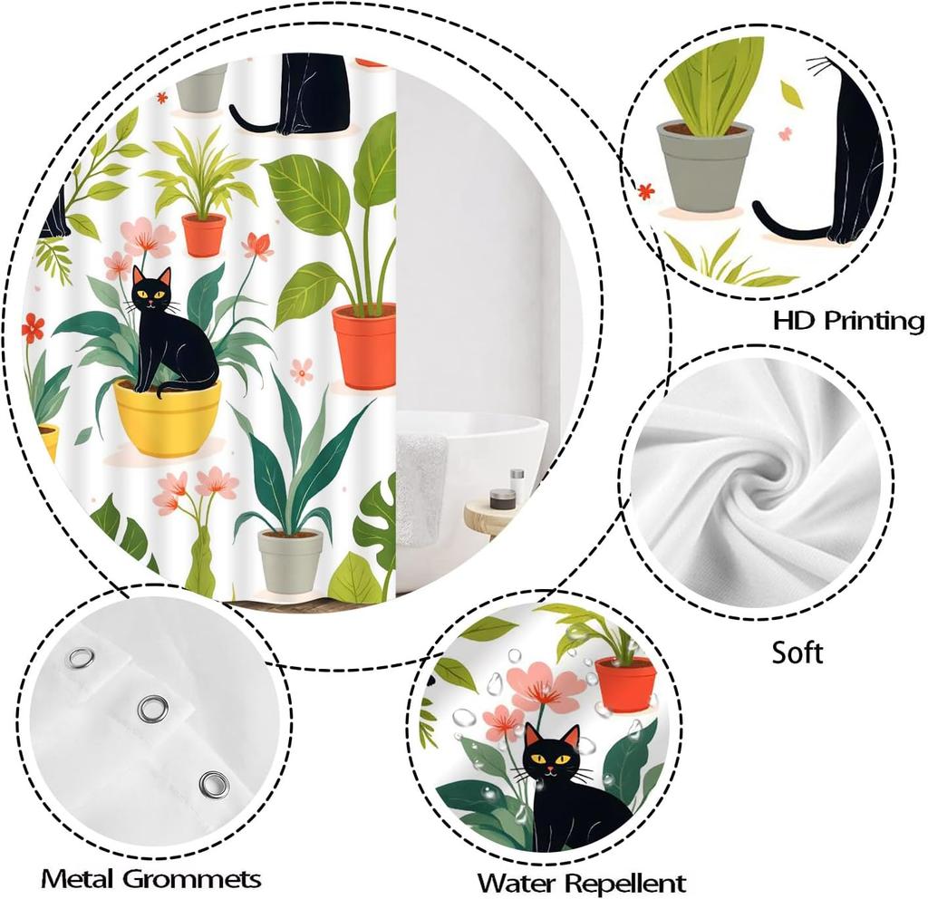 Black Cat Green Leaves Shower Curtain Cats Potted Succulent Tropical Plant Cactus Leaf Watercolor Monstera Floral Botanical