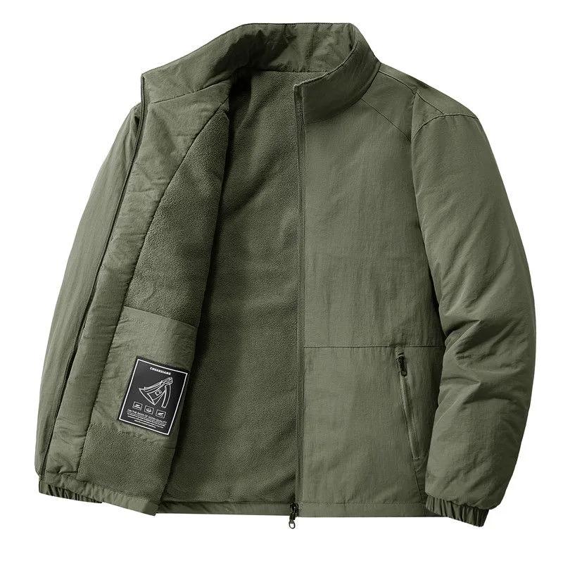 Men Autumn Winter New Style Fleece Lined Stand Collar Zipper Pocket Jacket Fashion Warm Casual Versatile Top