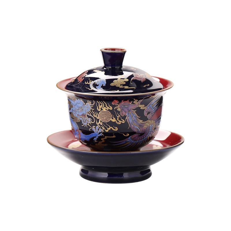 Smaltovaná barevná Gaiwan, Keramická čajová miska, Porcelánová sada Gaiwan, Čajová sada Kung Fu, Vzor červeného draka a fénixe, Velká miska s víčkem