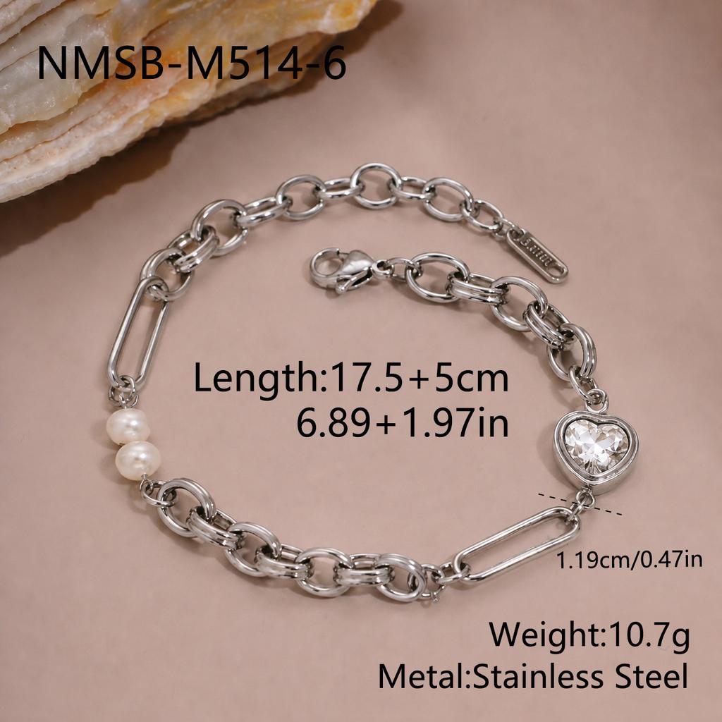 Gold Plated Adjustable Geometric Jewelry Heart Shaped Zircon Paperclip Charm Bracelet Stainless Steel Baroque Pearl Bangle