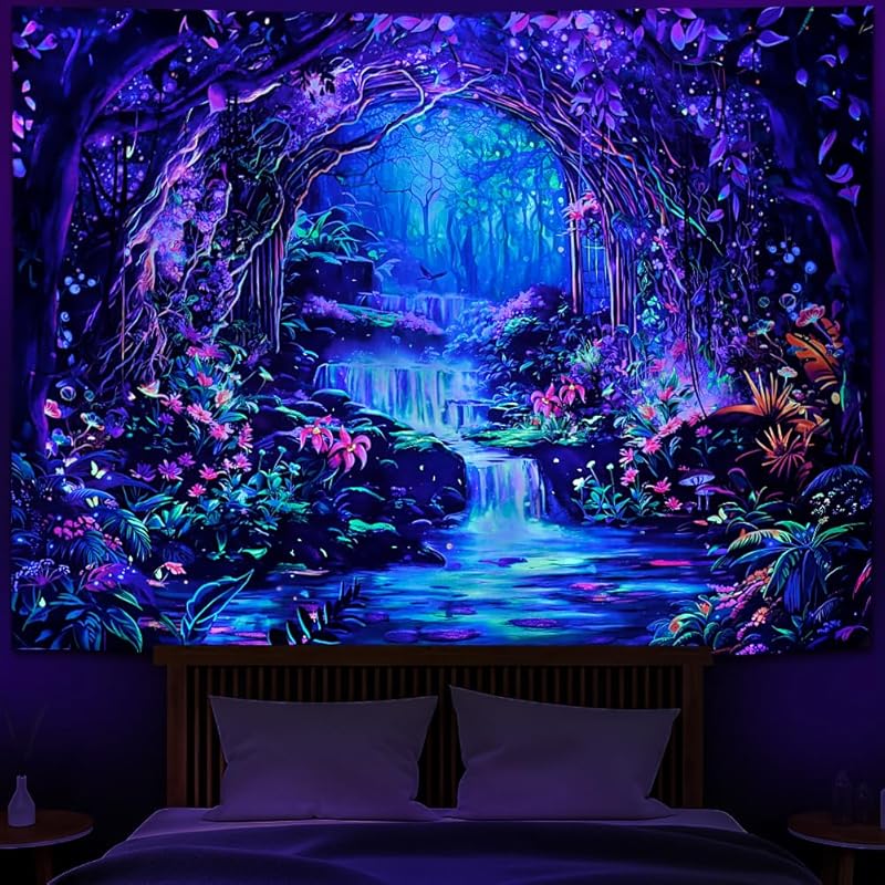 Heopapin Tapiz mágico de bosque con luz negra, reactivo a los rayos UV, cascada, flores, tapices que brillan en la luz negra, paisaje de fantasía, 59.1 L x 51.2 W