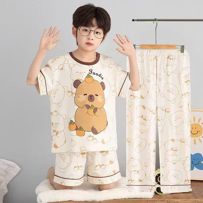 Children's Summer Pajama Set: 3-Piece Short-Sleeve Top, Long Pants, Boys' Medium & Large Air Conditioning Suit