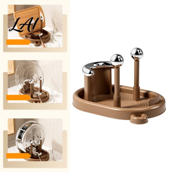 Multifunctional Kitchen Stand Pot Lid Organizer for Countertop Vertical Storage Rack with Detachable ABS Water Tray Stable Non-slip Base Cutting