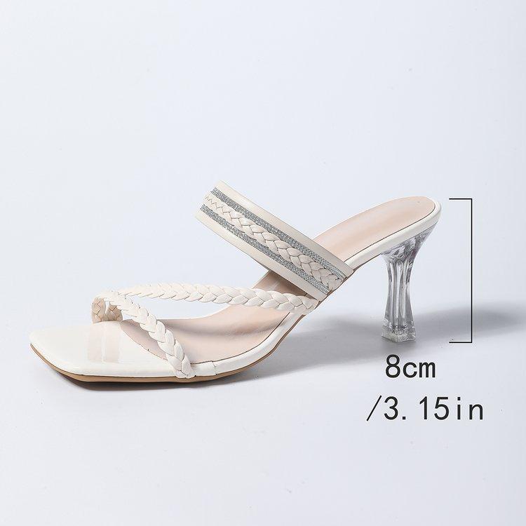 Women Sexy Clear High Heels Transparent Block Heel Mules Braided Woven Strap Square Toe Summer Party Dress Slides for Lady Shoe 38