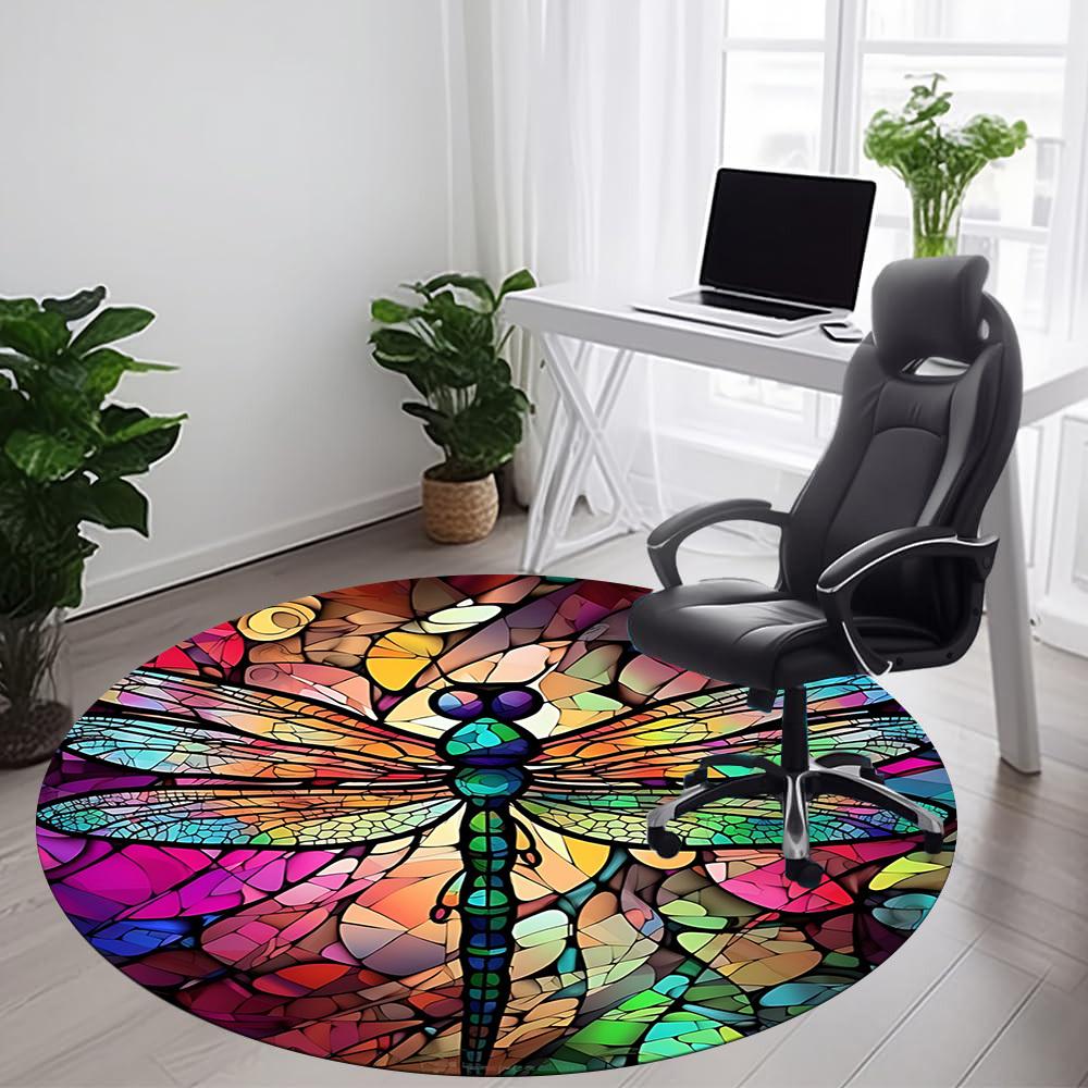 1PC Stained Glass Dragonfly Office Round Area Rug, Mat Suitable ForOffice, Under Office Chairs Bedroom Living Room Home Decor, Room Deco